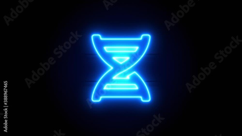 DNA neon sign appear in center and disappear after some time. Animated blue neon symbol on black background. Looped animation.