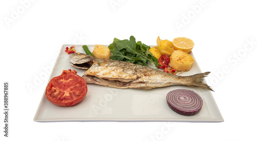 Bluefish and appetizers in white plate, standing on isolated background. photo