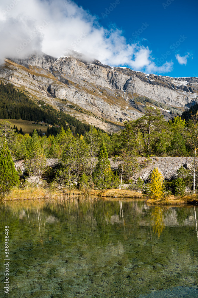 autumn forest at Lac de Derborence with reflection in Valais