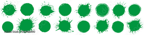 set of green round brush painted ink stamp circle banner on transparent background	