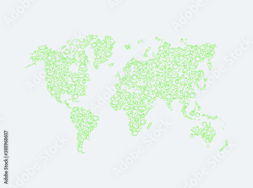 world food day or vegan day. vegetables   world map. vector illustrations.