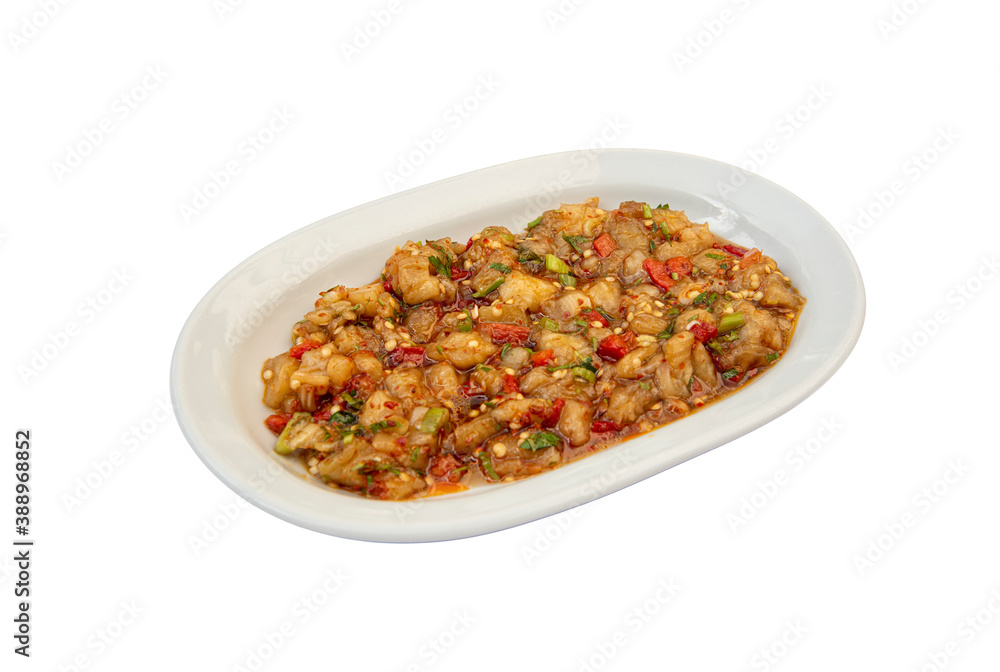 roasted eggplant salad on isolated background. roasted eggplant salad on isolated background.