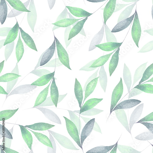 Green leaves and branches seamless pattern on white. Watercolor illustration