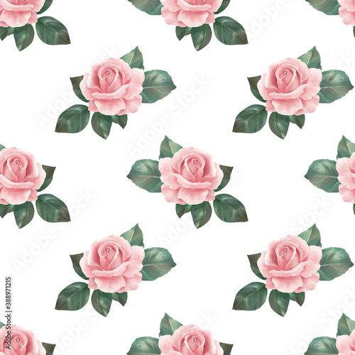 Watercolor floral seamless pattern with pink rose flowers on white background