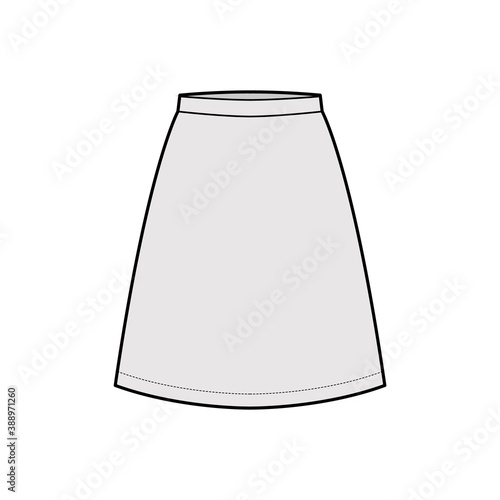 Skirt A-line fullness technical fashion illustration with above-the-knee silhouette, thin waistband. Flat bottom template front, grey color style. Women, men, unisex CAD mockup