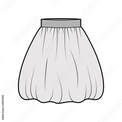 Skirt balloon technical fashion illustration with knee silhouette, semi-circular fullness, thick stretch waistband. Flat bottom template front, grey color style. Women, men, unisex CAD mockup