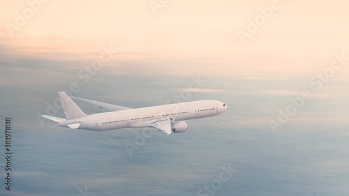 Generic jumbo jet airliner flying above the clouds at dawn. Realistic 3D rendering