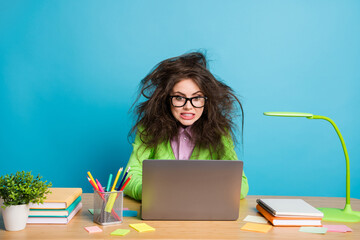 Portrait of her she nice attractive overworked girl working hard difficult task meeting deadline isolated over bright blue color background