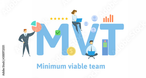 MVT, Minimum Viable Team. Concept with keywords, people and icons. Flat vector illustration. Isolated on white background.