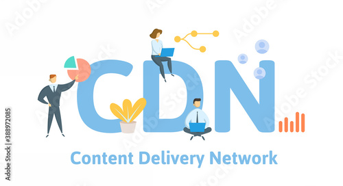 CDN, Content Delivery Network. Concept with keywords, people and icons. Flat vector illustration. Isolated on white background.