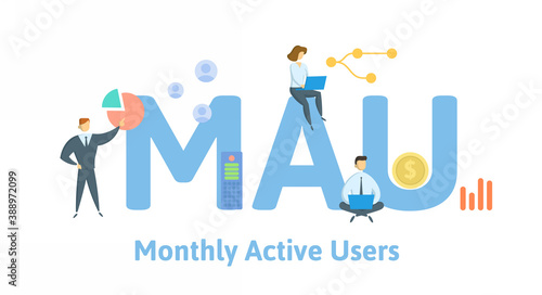 MAU, Monthly Active Users. Concept with keywords, people and icons. Flat vector illustration. Isolated on white background.
