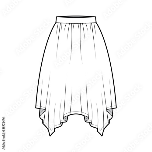 Skirt handkerchief technical fashion illustration with circular knee silhouette, pencil fullness, thin waistband. Flat bottom template front, white color style. Women, men, unisex CAD mockup