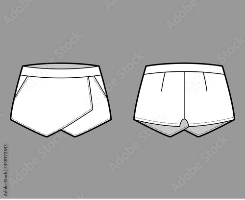 Skirt skort shorts skort technical fashion illustration with mini length silhouette, pencil fullness, thin waistband. Flat bottom template front, back, white color style. Women, men, unisex CAD mockup