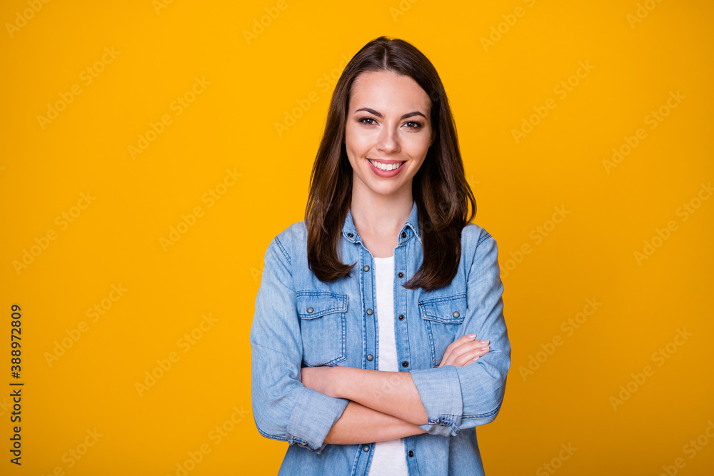 Portrait of pretty charming manager worker girl cross hands enjoy decide decision choose choice wear casual style clothes isolated over vivid color background Portrait of pretty charming manager worker girl cross hands enjoy decide decision choose choice wear casual style clothes isolated over vivid color background