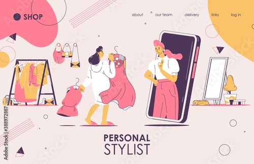 Personal stylist landing page or banner template. Pink and yellow, woman choosing dress to wear. Vector outline characters and online fasion consultation photo