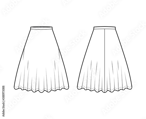 Skirt midi round technical fashion illustration with knee lengths silhouette, circular fullness, thin waistband. Flat bottom template front, back, white color style. Women, men, unisex CAD mockup