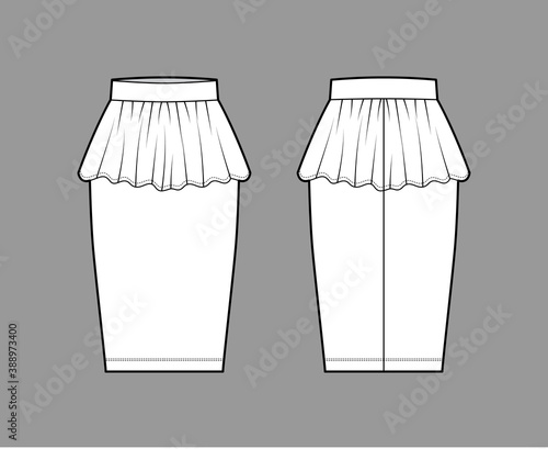 Skirt sheath technical fashion illustration with straight knee silhouette, pencil fullness, thin waistband. Flat bottom template front, back, white color style. Women, men, unisex CAD mockup