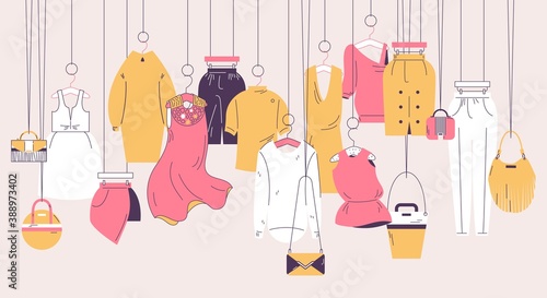 Concept illustration in yellow and pink with various women clothes for spring and autumn on hangers. Outline drawing style. Bags, skirts and dresses