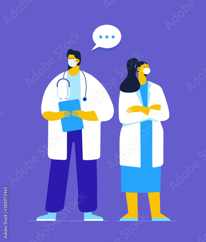 Doctors characters in white medical face mask. Medical team,  professional hospital workers, group of medics. Coronavirus 2019-nCoV. Flat  vector illustration.