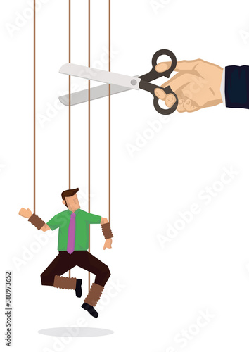 Giant hand with scissors cutting the strings attached to businessman. F
