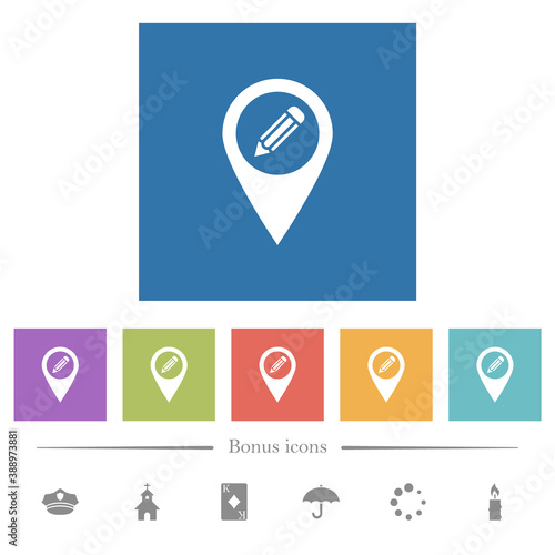 Edit GPS map location flat white icons in square backgrounds