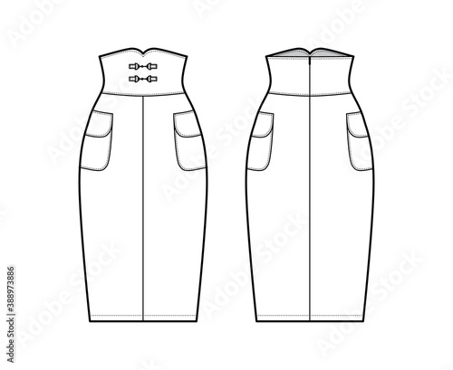 Skirt high waisted sheath technical fashion illustration with straight knee silhouette, pencil fullness, side pockets. Flat bottom template front, back white color style. Women, men, unisex CAD mockup