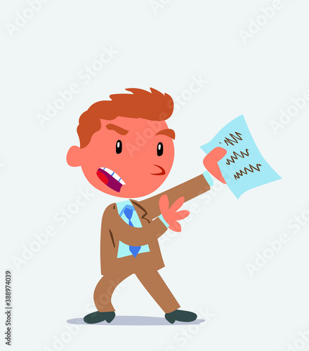cartoon character of businessman arguing effusively with document in hand