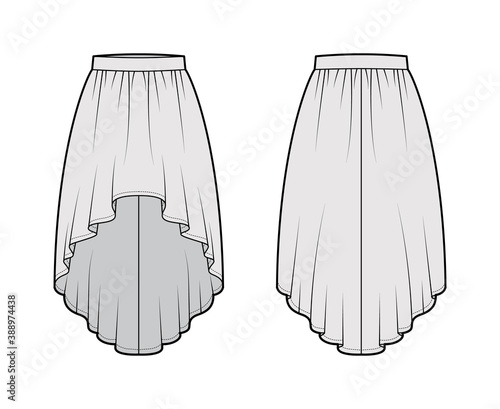 Skirt high low technical fashion illustration with knee-ancle silhouette, semi-circular fullness, thick waistband. Flat bottom template front, back, grey color style. Women, men, unisex CAD mockup