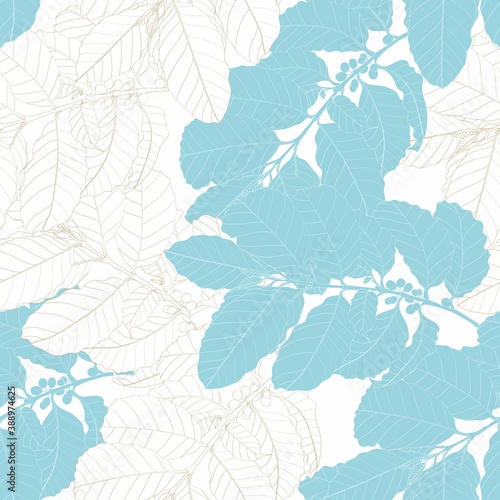 Seamless pattern with leaves and branches of coffee plant, Hand-drawn illustration on vintage blue beige background.