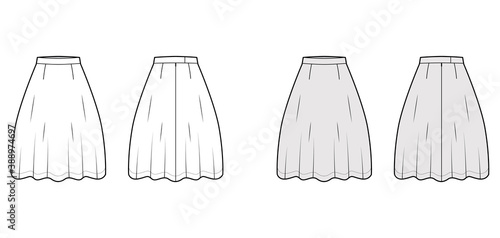 Skirt flared skater technical fashion illustration with below-the-knee silhouette, semi-circular fullness. Flat bottom template front, back, white grey color style. Women, men, unisex CAD mockup
