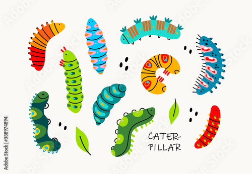 Various spring and summer colorful Caterpillars. Different silhouettes and shapes. Cute funny insects. Pretty colored characters. Hand drawn trendy Vector illusatrtion. All elements are isolated