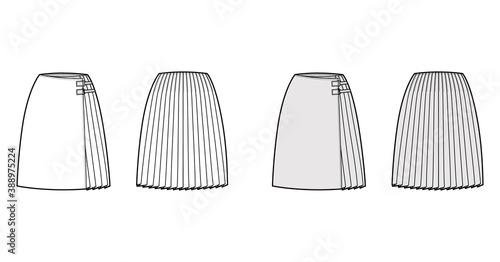 Skirt kilt wrap technical fashion illustration with straight knee silhouette, close with carabiner connector. Flat bottom template front, back, white grey color style. Women, men, unisex CAD mockup