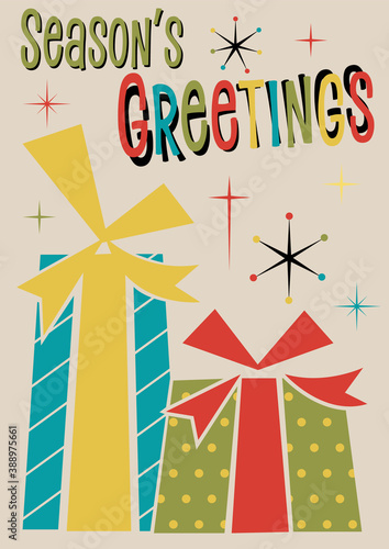 Season's Greetings Mid Century Modern Christmas Greeting Cards Style Illustration, Gift Boxes, Snowflakes, Stars 