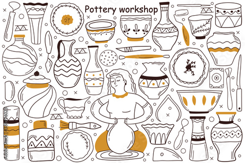 Pottery workshop doodle set. Collection of hand drawn sketches templates patterns of woman craftsman artist manking pot at special wheel. Creative occupation production handmade ceramics clay items.