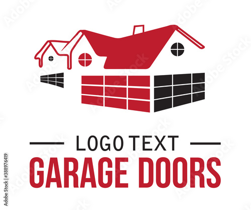 Residential house garage doors icon based logo vector illustration with dummy text for multi purpose use, white background.