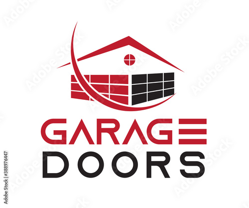 Residential house garage doors icon based logo vector illustration with dummy text for multi purpose use, white background.