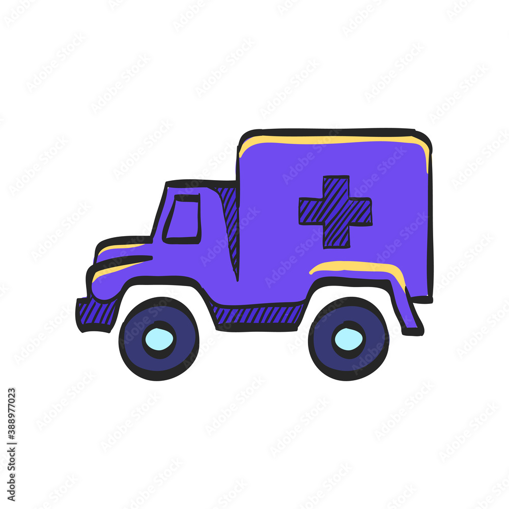 Military ambulance icon in color drawing. Vintage truck vehicle world war