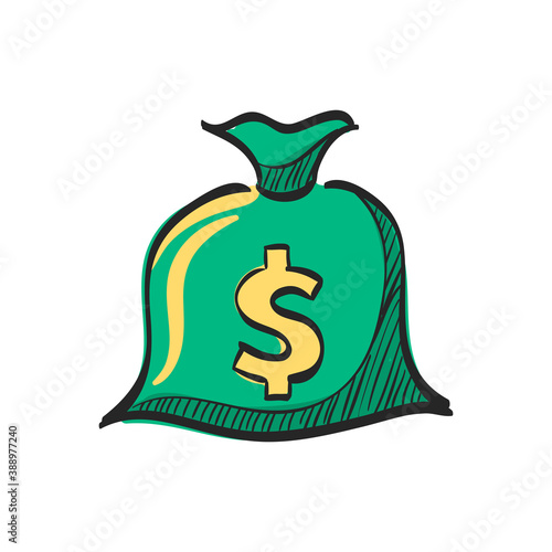 Money sack icon in color drawing.