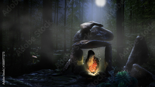 A fantasy scenery - young woman witchcraft eading a fantastic book under an old megalithic grave in a dark forest. photo