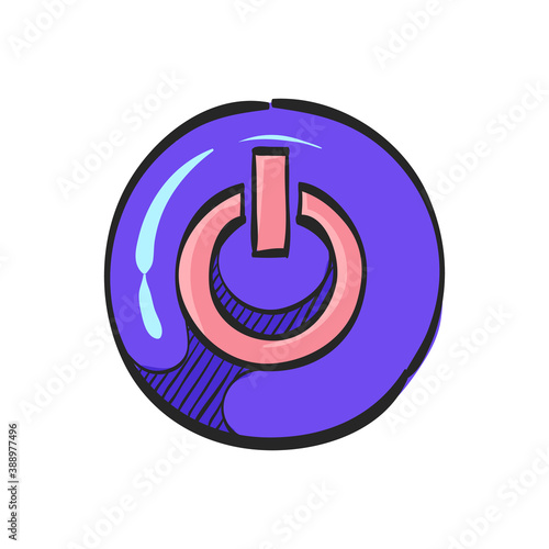 Power button icon in color drawing. On off, electronic
