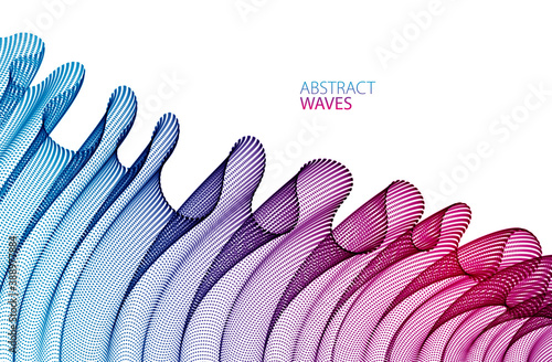 Vector abstract background with wave of flowing particles, smooth curve shape lines, transparent tulle textile on wind. 3d shape dots magic blended mesh.