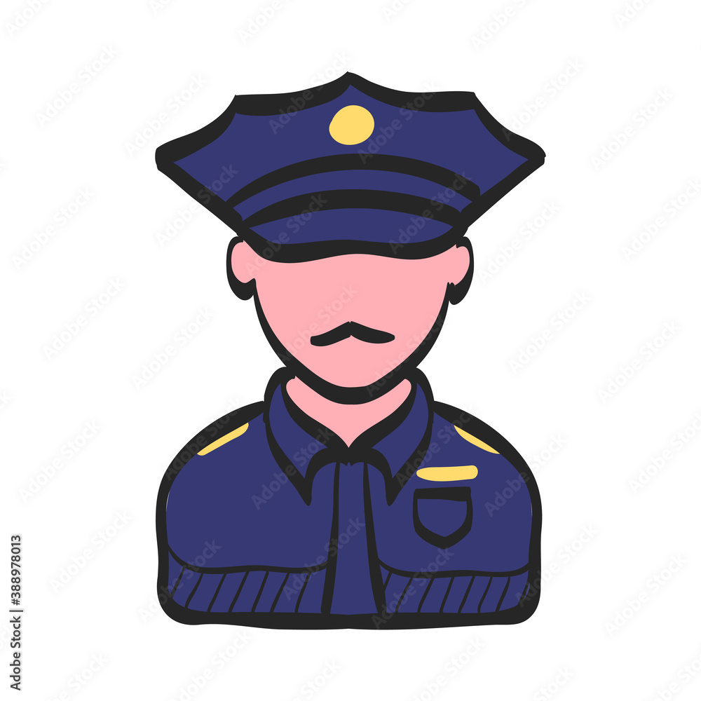 Police avatar icon in color drawing. People service security guard protect crime