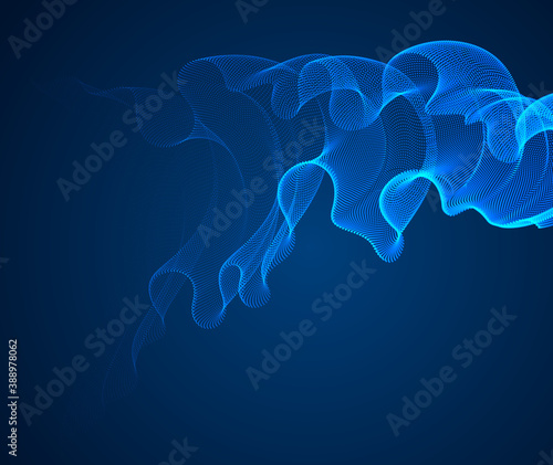 Vector abstract background with magic wave of flowing particles over dark, smooth curve shape lines, transparent tulle textile on wind. 3d shape dots magic blended mesh.