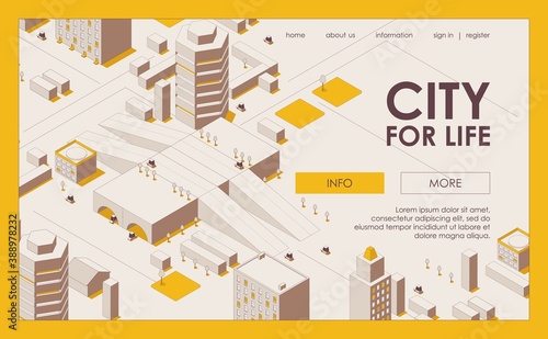 City for life with cars and trees isometric landing page banner template. Vector outline elements, roads and greenery