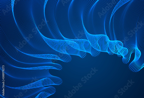 3d magic particles mesh array over dark, sound wave flowing, transparent tulle textile on wind. Round points vector effect illustration. Blended mesh, calming relaxing wallpaper.