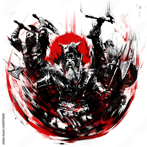 Obraz na płótnie A gang of enraged berserkers of the Vikings roaring in the heat of battle, rushing into a bloody battle against the backdrop of a red sun