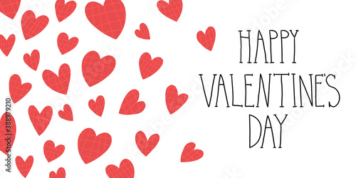 Romantic greeting card, banner cute design. A lot of red tartan hearts and hand lettering Happy Valentines day