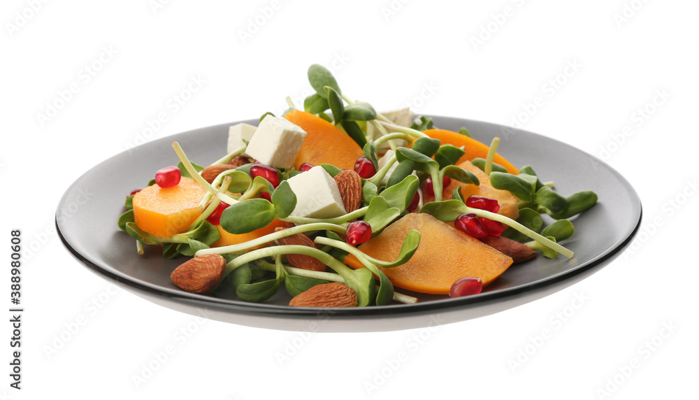Delicious persimmon salad with feta cheese and pomegranate isolated on white