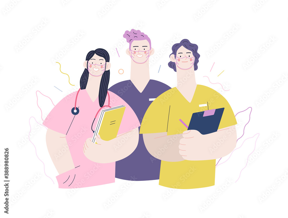 Obraz premium Medical insurance -internship jobs -modern flat vector concept digital illustration - young medical specialists standing together, team of interns concept, medical office or laboratory