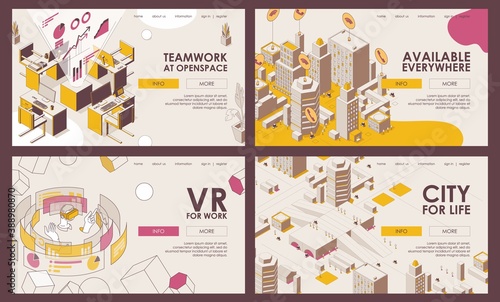 Outline banners or landing page templates isometric outline style. Yellow and pink city and interior elements about technology, vr glasses and modern lifestyle
